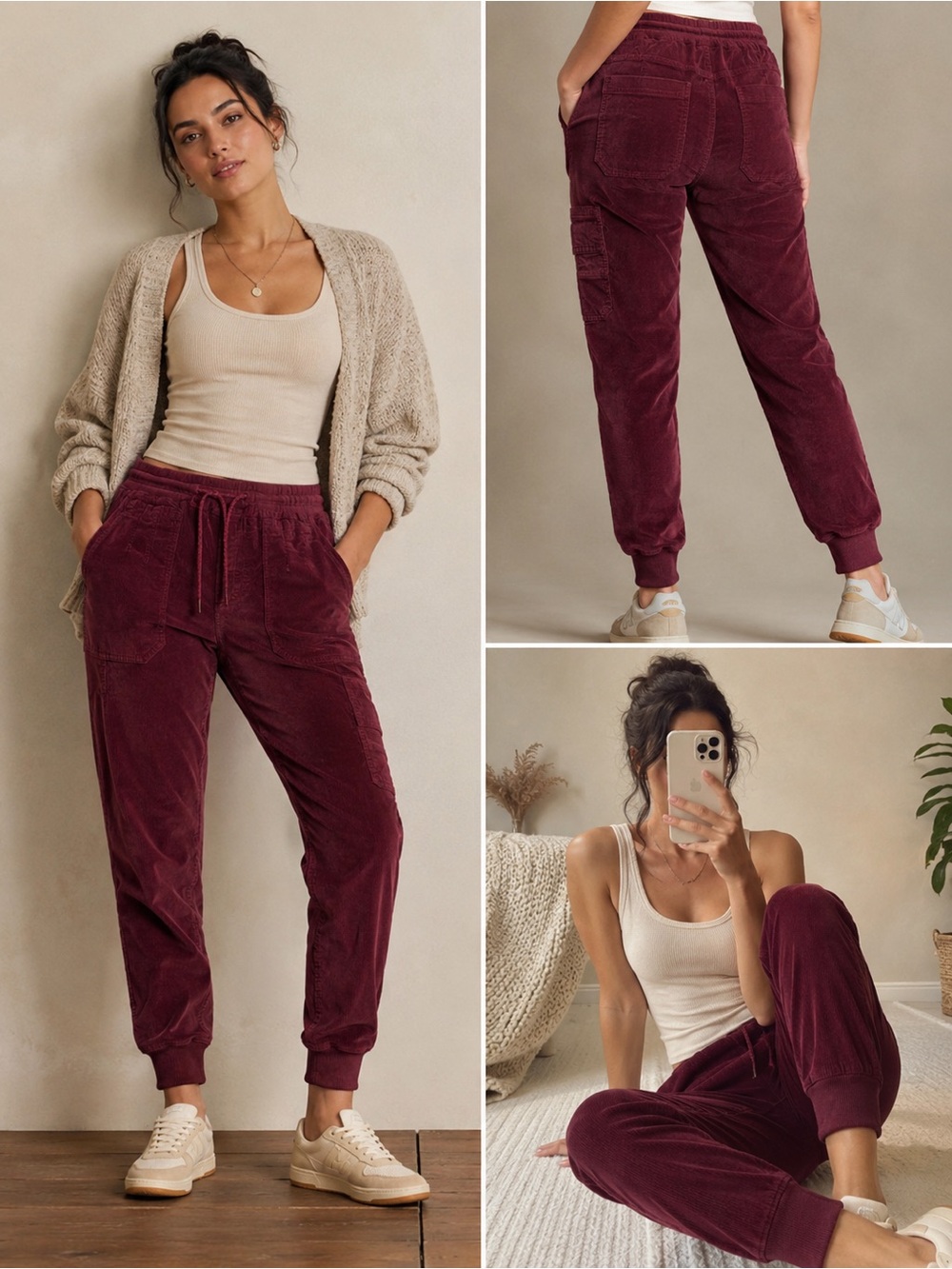 Anthropologie Corduroy Joggers Small Burgundy Cargo Utility Pull On Boho Lounge